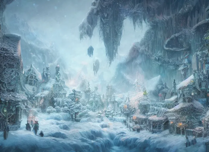 Prompt: detailed concept art illustration pastel painting of a fantasy land covered in snow in full intricate detail, ultra detailed, digital art, octane render, 4K, dystopian, micro details