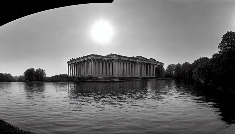 Prompt: 1 9 7 0 s movie still by andrei tarkovsky of a neoclassical sphere palace with a lake in the middle, by piranesi, panoramic, ultra wide lens, cinematic light, flare, anamorphic