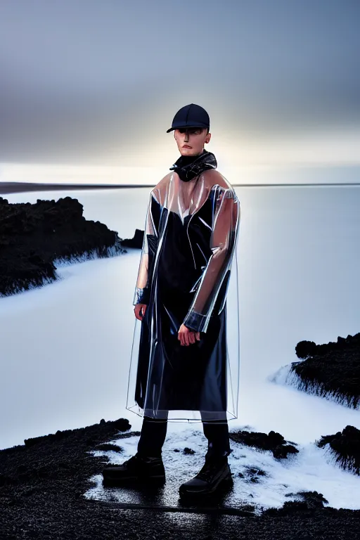 Image similar to an ultra high definition professional high fashion portrait studio full length photograph of a male model wearing a transparent pearlescent raincoat and neon visor in an icelandic black rock environment at dawn. no artefacts. extremely detailed. stark. refraction. shallow depth of field. volumetric light and shadow. ray tracing. light rays.