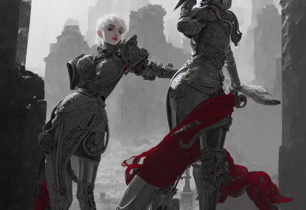 Image similar to portrait grey hair knights of zodiac girl + smoky eyes, matt black / little red color armor in ruined agora of athens, ssci - fi and fantasy, intricate and beautiful and elegant, highly detailed, digital painting, artstation, concept art, smooth and sharp focus, illustration, art by tian zi and wlop and alphonse mucha