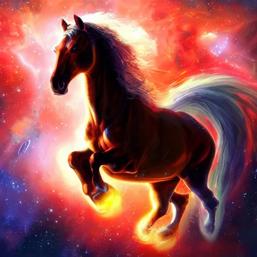 Prompt: A Fire horse , an oil painting , Digital art, concept art, highly detailed, by Mark Brooks, 3-D 8K, amazing nebula background, unreal engine,