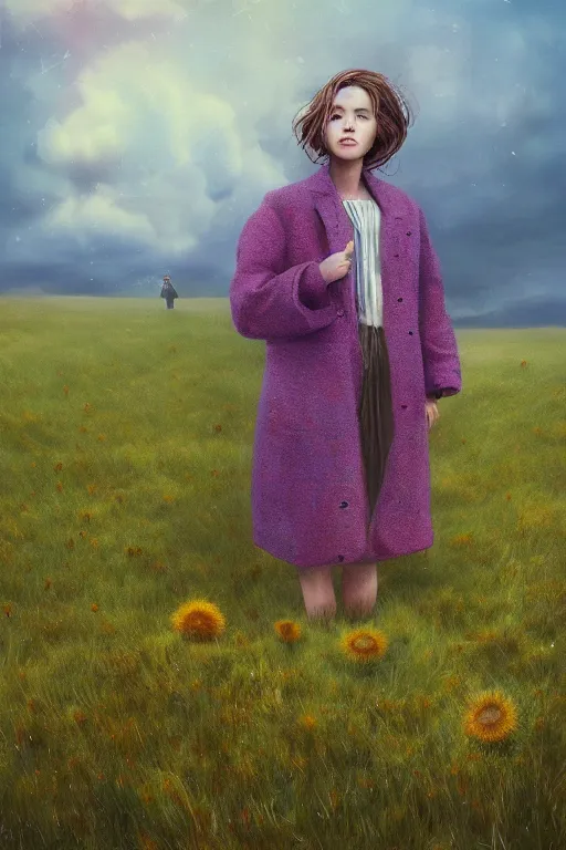 Image similar to portrait, enormous daisy flower head, a girl wearing coat in heather field, surreal photography, wind and cold, dramatic sky, impressionist painting, digital painting, artstation, simon stalenhag