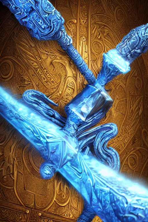 Image similar to an ornate and royal egyptian old twisted ornate carved wooden wizards staff weapon with a radiant blue crystal on top tip hovering, unreal engine, hyper realism, realistic shading, cinematic composition, blender render, octane render, hdr, detailed textures, photorealistic, 3 5 mm film, fantasy greg rutkowski digital painting, giger