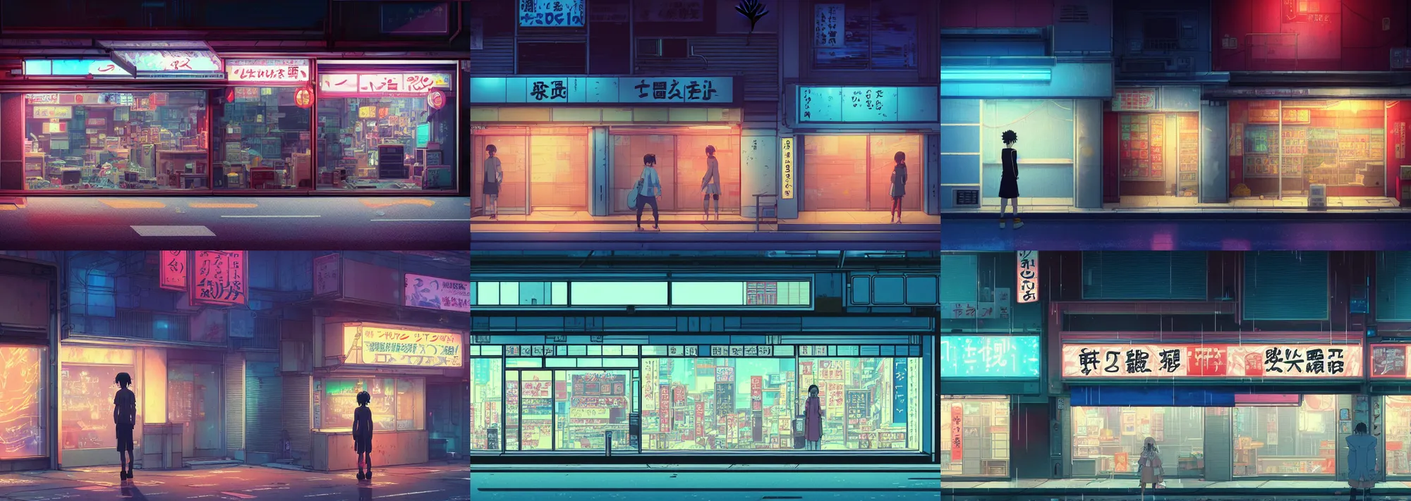 Prompt: front view of a closed japanese storefront in the atmospheric cyberpunk anime film, at night with neon lights, by makoto shinkai and studio ghibli