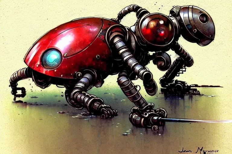 Image similar to adventurer ( ( ( ( ( 1 9 5 0 s retro future robot mouse tachikoma. muted colors. ) ) ) ) ) by jean baptiste monge!!!!!!!!!!!!!!!!!!!!!!!!! chrome red