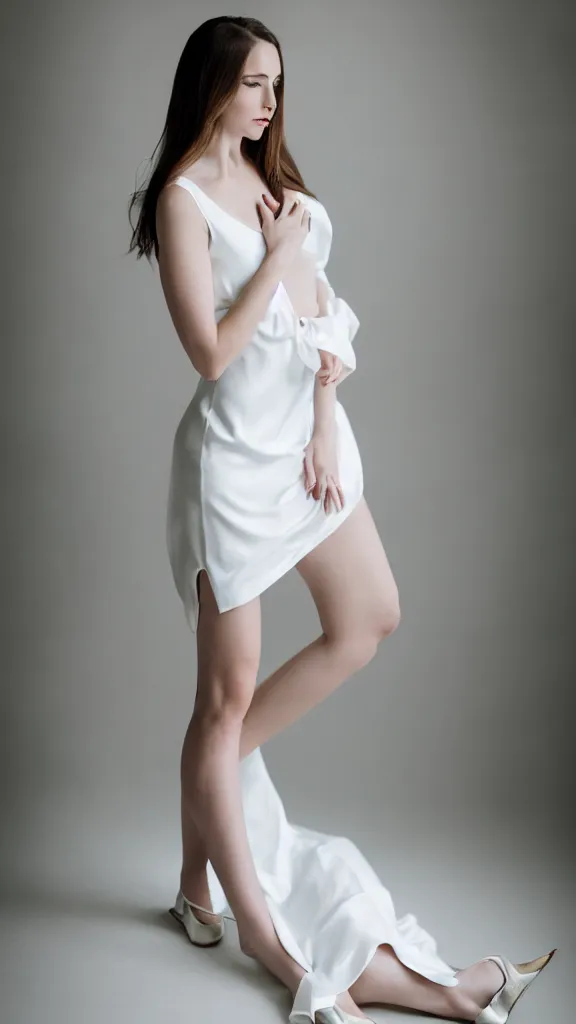 Prompt: an extremely beautiful studio shot of emily skinner wearing heels and white dress, in a white room, pale skin, bokeh, very very very very beautiful!!, hard focus, sexy pose, full body shot, 9 0 mm, f / 1. 2 5