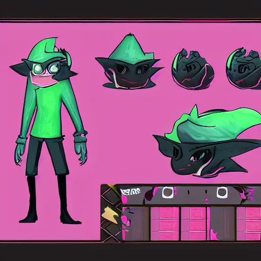 Prompt: official character sheets for a new laid back vampire squid character, artwork in the style of splatoon from nintendo, art by tim schafer from double fine studios, edgy original character color palette from the early two thousands, black light, neon, spray paint, punk, tall thin frame, adult character, fully clothed, colorful