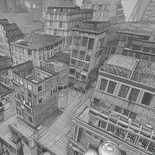 Image similar to a drone flying over a city designed by MC Escher, pen and ink, intricate, unreal engine,