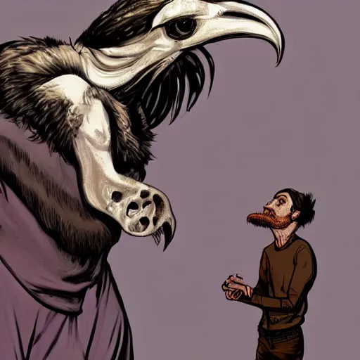 Image similar to a beautiful performance art of a man, with an animal skull for a head, and a large bird perched on his shoulder. the man is looking up at the bird with a fierce expression, and the bird is looking back at him with what seems to be an equally intense gaze. pale violet, concept art world by kuno veeber composed