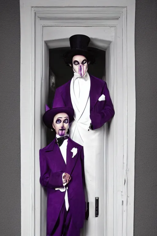 Image similar to a purple skinned tiefling with a goatee wearing a white suit and tophat standing in a doorway, purple skin, goatee, by Mark Brooks