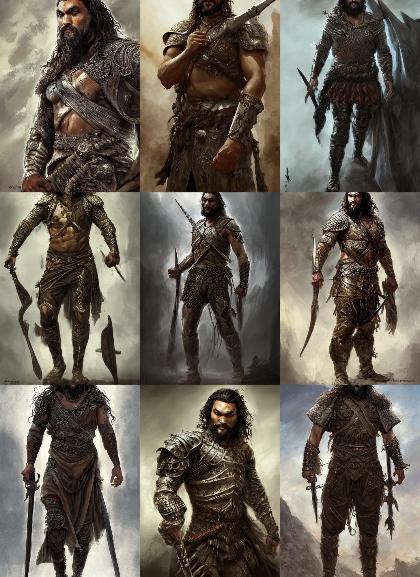 Prompt: jason momoa as arabian soldier, medieval, front view, full body, intricate, highly detailed, digital painting, concept art, sharp focus, illustration, aleksi briclot, rutkowski