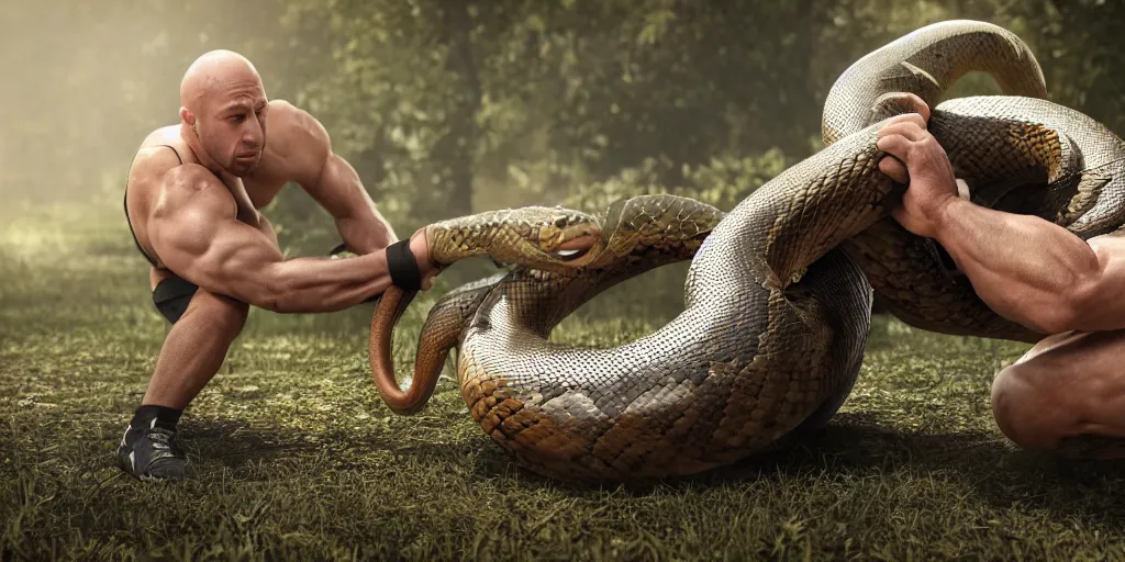 Prompt: Ryback wrestling a snake outdoors, photorealistic, hyperrealistic, ultra hd, cinematic lighting, artstation, award-winning, 4k, leica sl2 30mm, beautiful color, high quality, high textured, lens flare