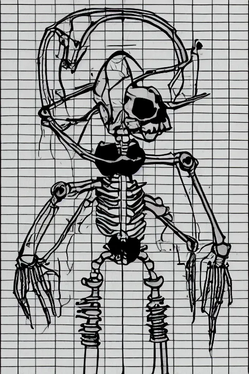 Prompt: silly drawing of a half life 2 skeleton with a headcrab on top of graph paper