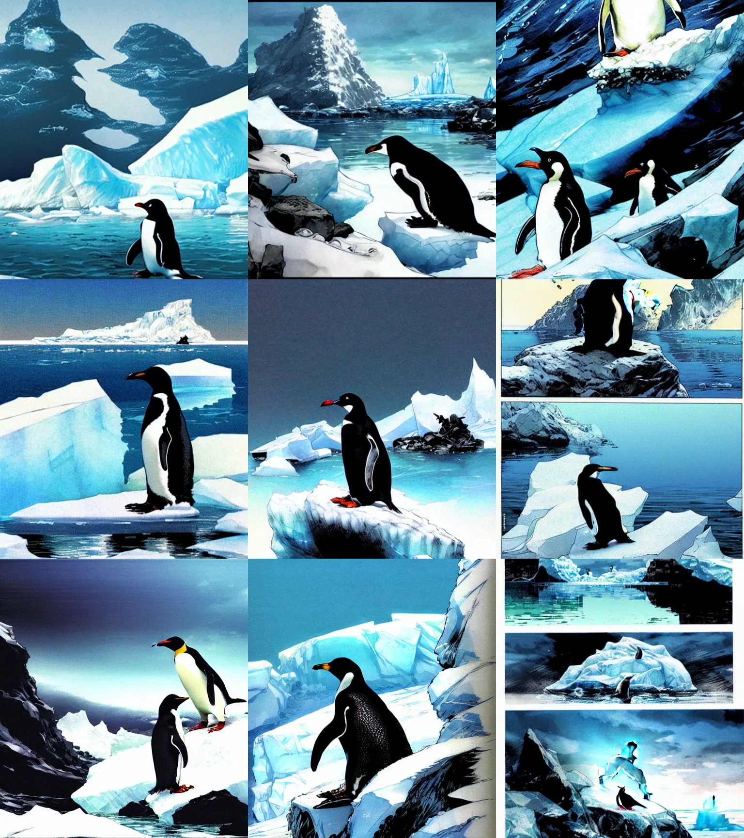 Prompt: a scene of a penguin chilling on an iceberg, comic book art, by yoji shinkawa and takehiko inoue and kim jung gi, masterpiece, perfect