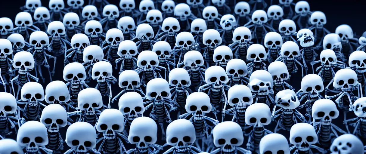 Image similar to hyperrealistic supercute skeleton army ute osterwald jason limon professional concept art dramatic blue lighting wide angle hd 8k sharp shallow depth of field