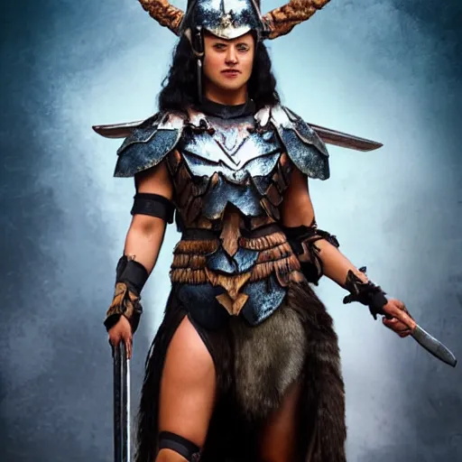 Image similar to full body photo of dominique mcelligott as a valkyrie warrior