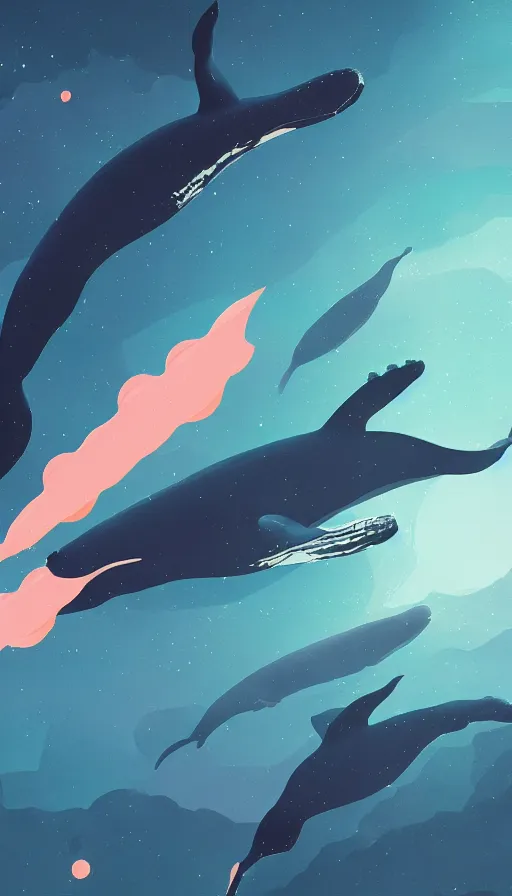 Prompt: whales in space, sharp focus, james gilleard, cinematic, game art, print, extremely detailed digital painting
