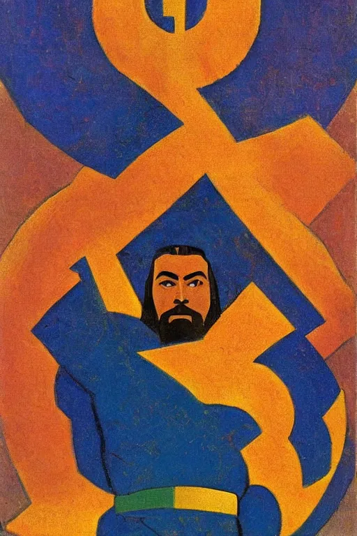 Image similar to thor with hammer, marvel, artwork by nicholas roerich,