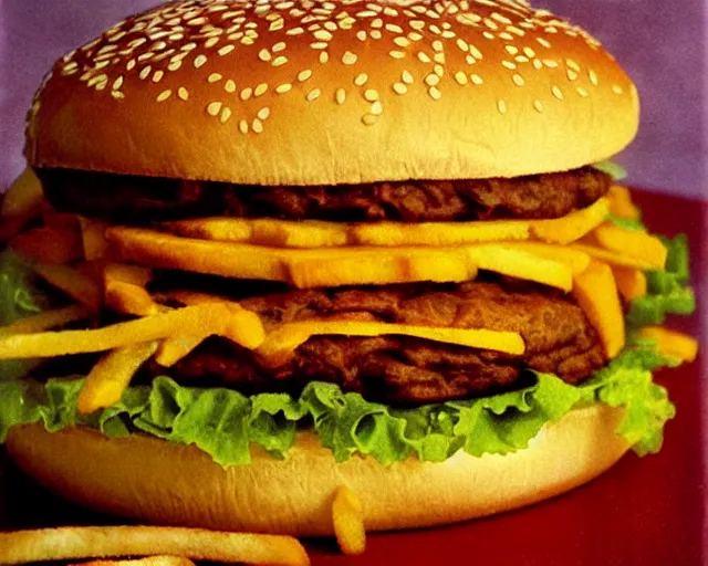 Image similar to 1970's cookbook color photograph of a big Mac with fries sharp detail high detail