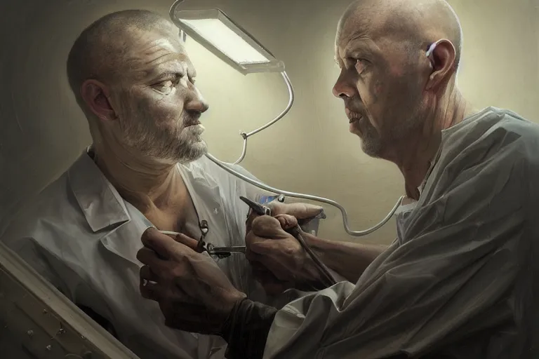 Image similar to painting of a surgeon, clear - lines, grim - lighting, high - contrast, intricate, elegant, highly detailed, centered, digital painting, artstation, concept art, smooth, sharp focus, illustration, artgerm, tomasz alen kopera, peter mohrbacher, donato giancola, joseph christian leyendecker, wlop, boris vallejo