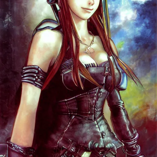 Image similar to a portrait painting of aerith from from final fantasy 7 with the steam punk city midgard as backdrop by master artist yoshitaka amano