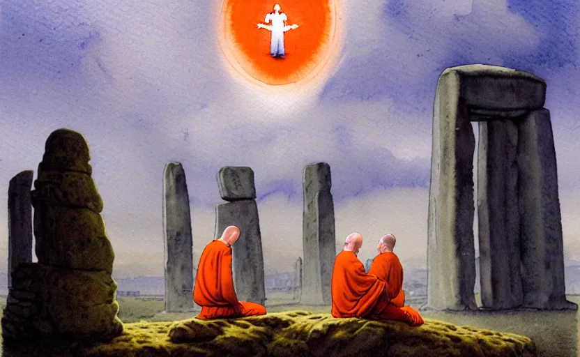 Image similar to a hyperrealist watercolour character concept art portrait of a small grey medieval monk and a giant orange medieval monk kneeling down in prayer in front of a futuristic stonehenge on a misty night. a ufo is in the sky. by rebecca guay, michael kaluta, charles vess and jean moebius giraud