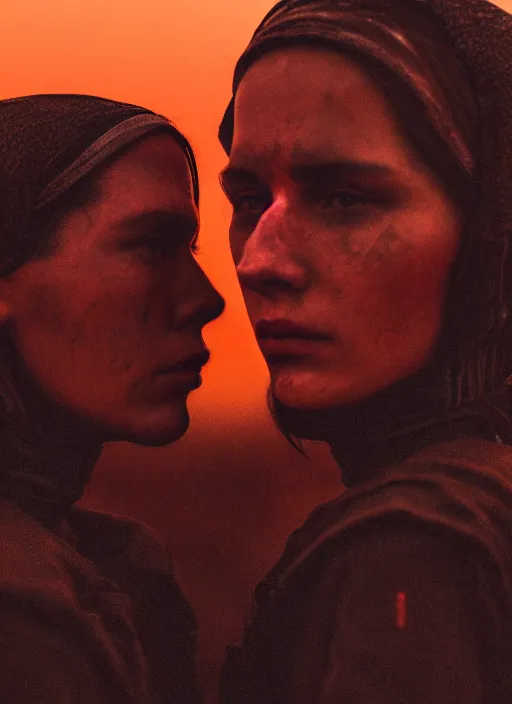 Image similar to cinestill 5 0 d photographic portrait of two loving female androids wearing rugged black techwear on a desolate plain with a red sky, extreme closeup, cyberpunk style, dust storm, 8 k, hd, high resolution, 3 5 mm, f / 3 2, ultra realistic faces, ex machina