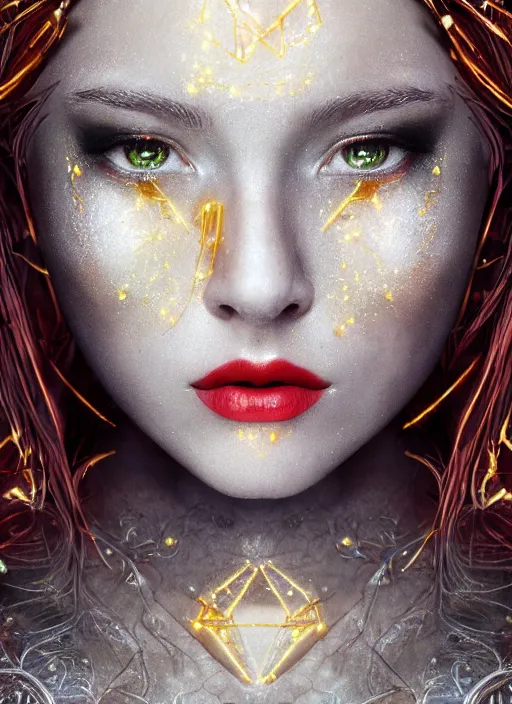 Image similar to glowing silver and golden elements, full close-up portrait, young female portrait model from shutterstock as a dark witch, book cover, green forest, white moon, red lips, establishing shot, extremly high detail, photo-realistic, cinematic lighting, pen and ink, intricate line drawings, by Yoshitaka Amano, Ruan Jia, Kentaro Miura, Artgerm, post processed, concept art, artstation, matte painting, style by eddie, raphael lacoste, alex ross