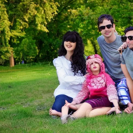 Prompt: family dressed in jamcore!!!!!! fashion on a picnic in a park.