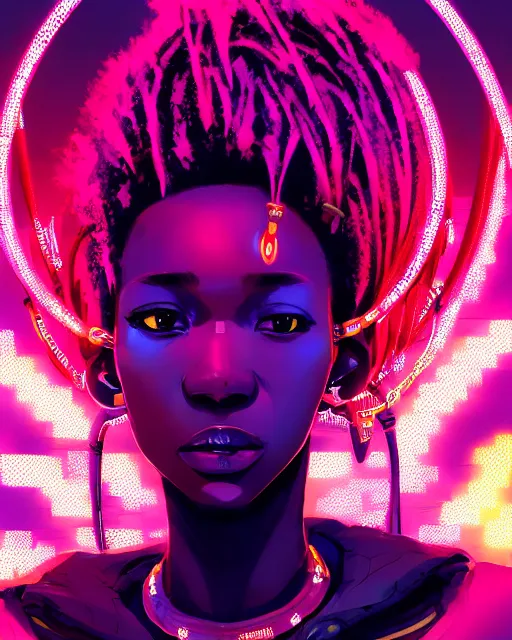 Image similar to kyoto animation, cool african lady wearing cyberpunk intricate warcore, neon lighting tubes, beautiful, detailed portrait, cell shaded, 4 k, concept art, by wlop, ilya kuvshinov, artgerm, krenz cushart, greg rutkowski, pixiv. cinematic dramatic atmosphere, sharp focus, volumetric lighting, cinematic lighting, studio quality