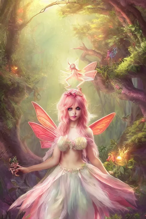 Image similar to a cute fairy in the dreamy forest, fantasy, 8 k resolution, hyper detailed, d & d, character design, digital painting, trending on artstation, sharp focus, illustration, art by artgerm, steve zheng, fuji choko, viktoria gavrilenko, hoang lap