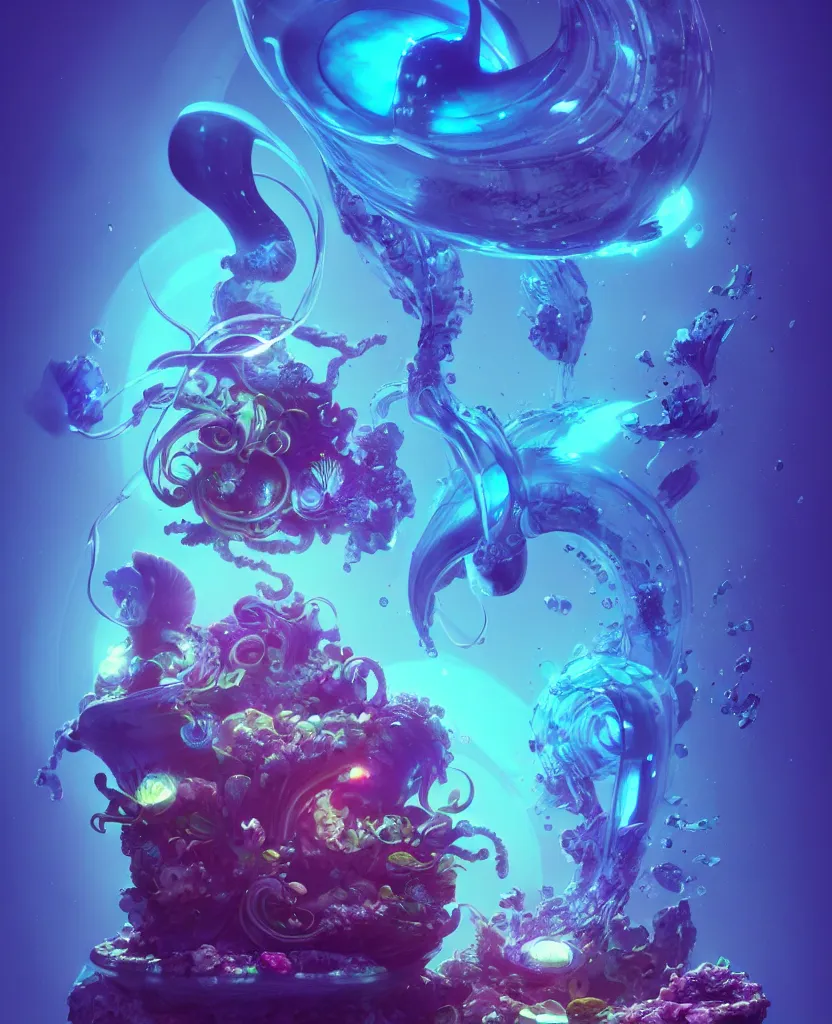 Image similar to trapped in my conscious, nautilus, orchid, skull, betta fish, bioluminiscent creatures, intricate artwork by beeple. octane render, trending on artstation, greg rutkowski very coherent symmetrical artwork. cinematic, hyper realism, high detail, octane render, 8 k