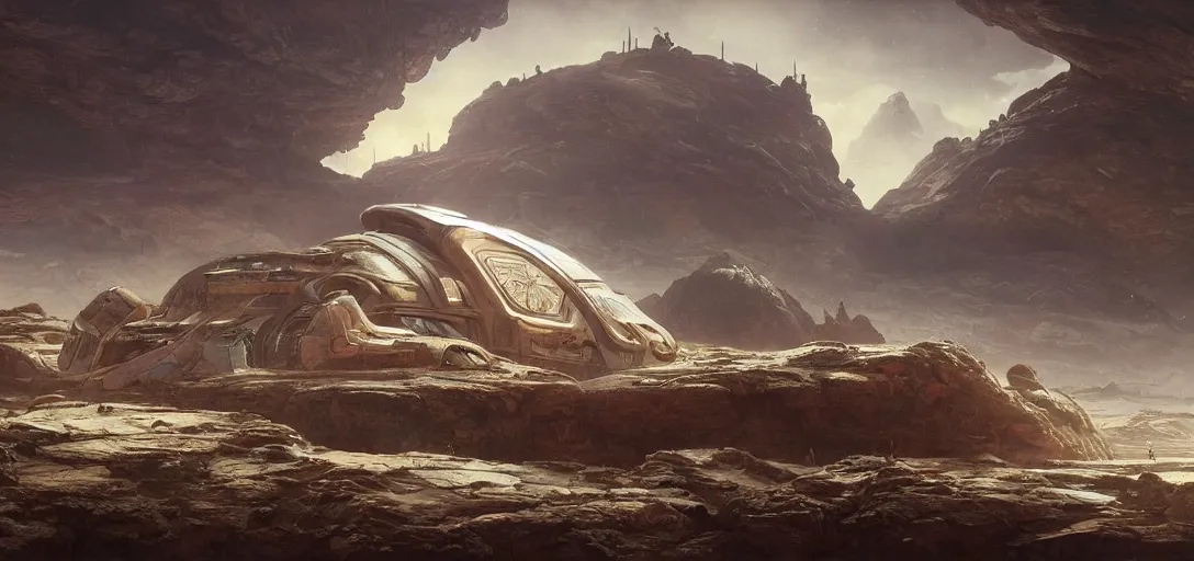 Image similar to landscape painting of a futuristic rugged spaceship landing on an alien world, colonisation, ultra realistic, concept art, intricate details, eerie, highly detailed, photorealistic, octane render, 8 k, unreal engine. art by artgerm and greg rutkowski and alphonse mucha