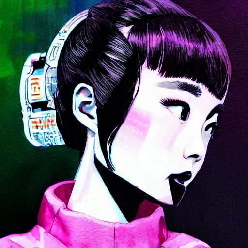 Prompt: korean audrey hepburn, detailed cyberpunk vaporwave portrait by tim doyle, watercolor