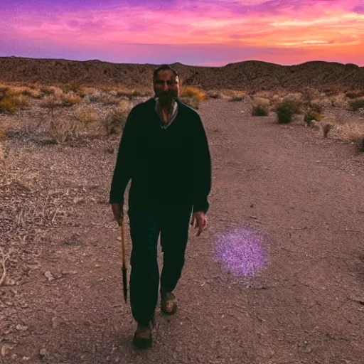 Prompt: a man with a fish head walking in the desert under a purple sky