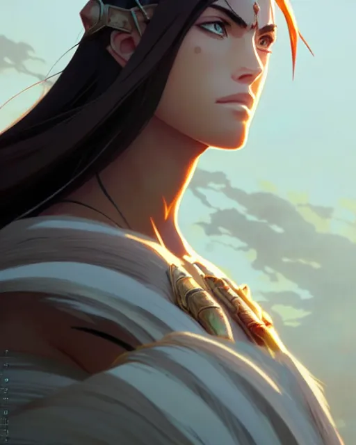 Image similar to azctec warrior, megan fox, detailed perfect face, exquisite details, fire magic, mid view, design on a white background, by studio muti, greg rutkowski makoto shinkai takashi takeuchi studio ghibli