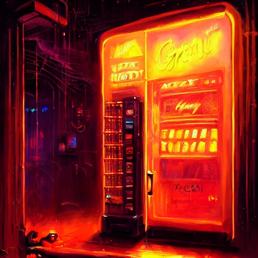 Prompt: a vending machine dimly neon lighting a dark alley, by greg rutkowski and gaston bussiere, vibrant lush neon lighting, beautiful volumetric - lighting - style atmosphere, futuristic atmosphere, intricate, detailed, photorealistic imagery