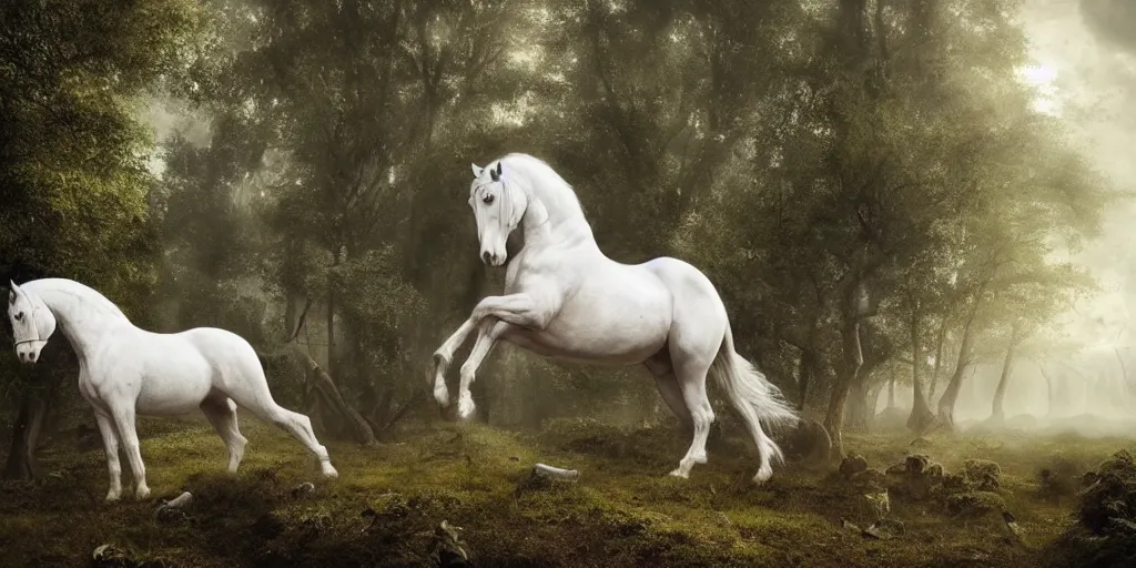 Image similar to an astronaut resting, a white horse tied to a tree, forest, a detailed matte painting by frieke janssens, featured on cgsociety, fantasy art, matte painting, reimagined by industrial light and magic, matte drawing