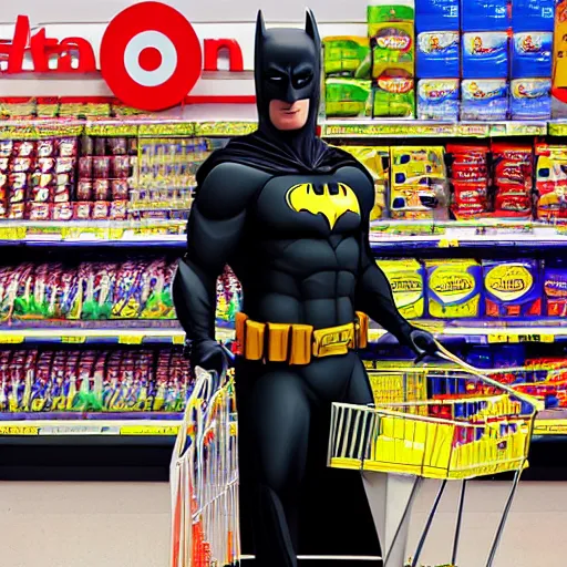 Image similar to Batman In a target buying groceries, HD, high resolution, hyper realistic, 4k, intricate detail