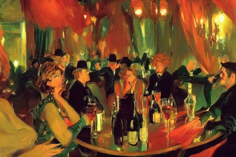 Image similar to glam rockers drinking wine, inside a green saloon with red lights by joaquin sorolla, greg rutkowski, bill sienckiwicz, extremely detailed