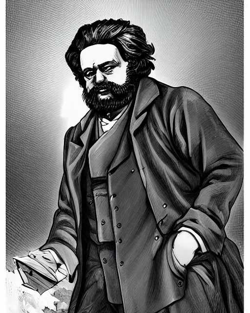 Prompt: Digital communist anime art of Karl Marx by A-1 studios, serious expression, empty warehouse background, highly detailed, spotlight