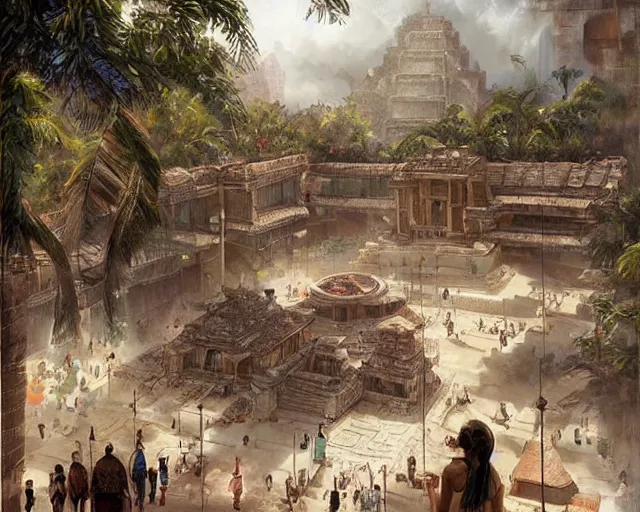 Image similar to a mall in the style of precolombian mayan cities, art by greg rutkowski and artgerma, stunning concept art, interior design architecture