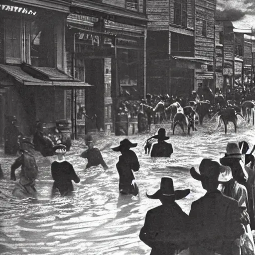 Prompt: flood on Wild West town, crowd cowboy at high noon, 1890 hyperrealistic