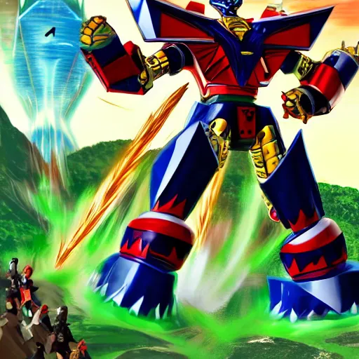 Image similar to Megazord fighting a five headed dragon
