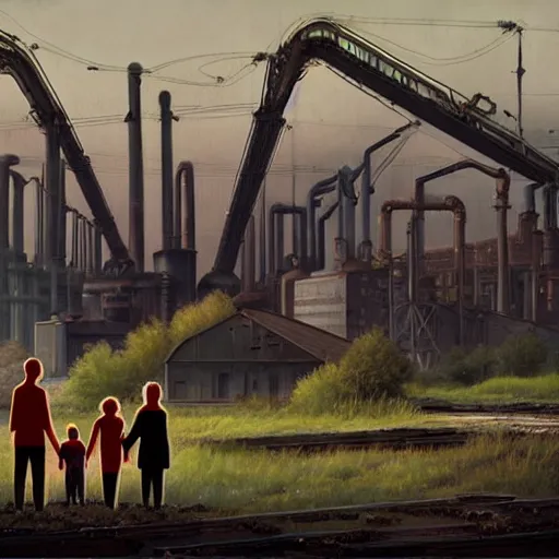 Image similar to a family holding hands, looking at an abandoned steelworks by simon stalenhag