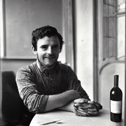 Prompt: photograph of a frenchman seated at a table with a bottle of wine in 1 9 6 0. colorful, award winning photography, 5 0 mm, extremely detailed face