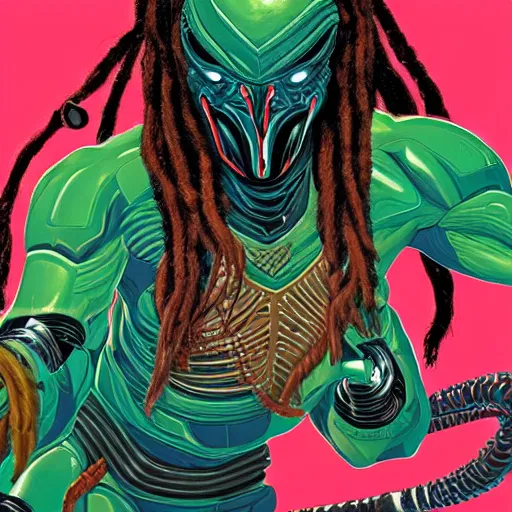 Prompt: painting of an alien with dreadlocks and high tech armor, The Predator, Yautja, by Tomer Hanuka, hyperdetailed