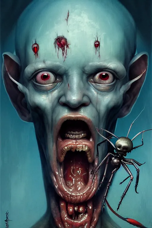 Image similar to hieronymus bosch, greg rutkowski, anna podedworna, painting of a blue skinned elf with spider arms and legs, bloody, screaming, high detail, extreme close up, insane face
