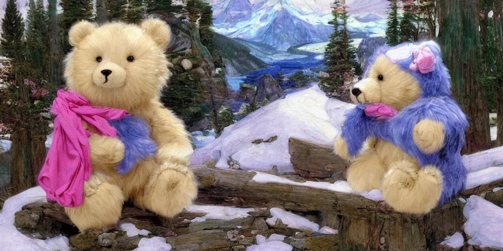 Image similar to 3 d precious moments plush bear with realistic fur and an blue / white / gray / green / pink / tan / mid pink / blue gray color scheme, snowy mountain landscape, master painter and art style of john william waterhouse and caspar david friedrich and philipp otto runge
