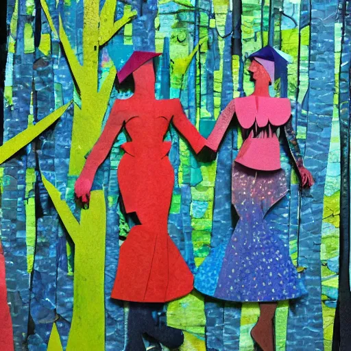 Image similar to paper collage art made of cut up magazines depicting two women holding hands in a trippy forest